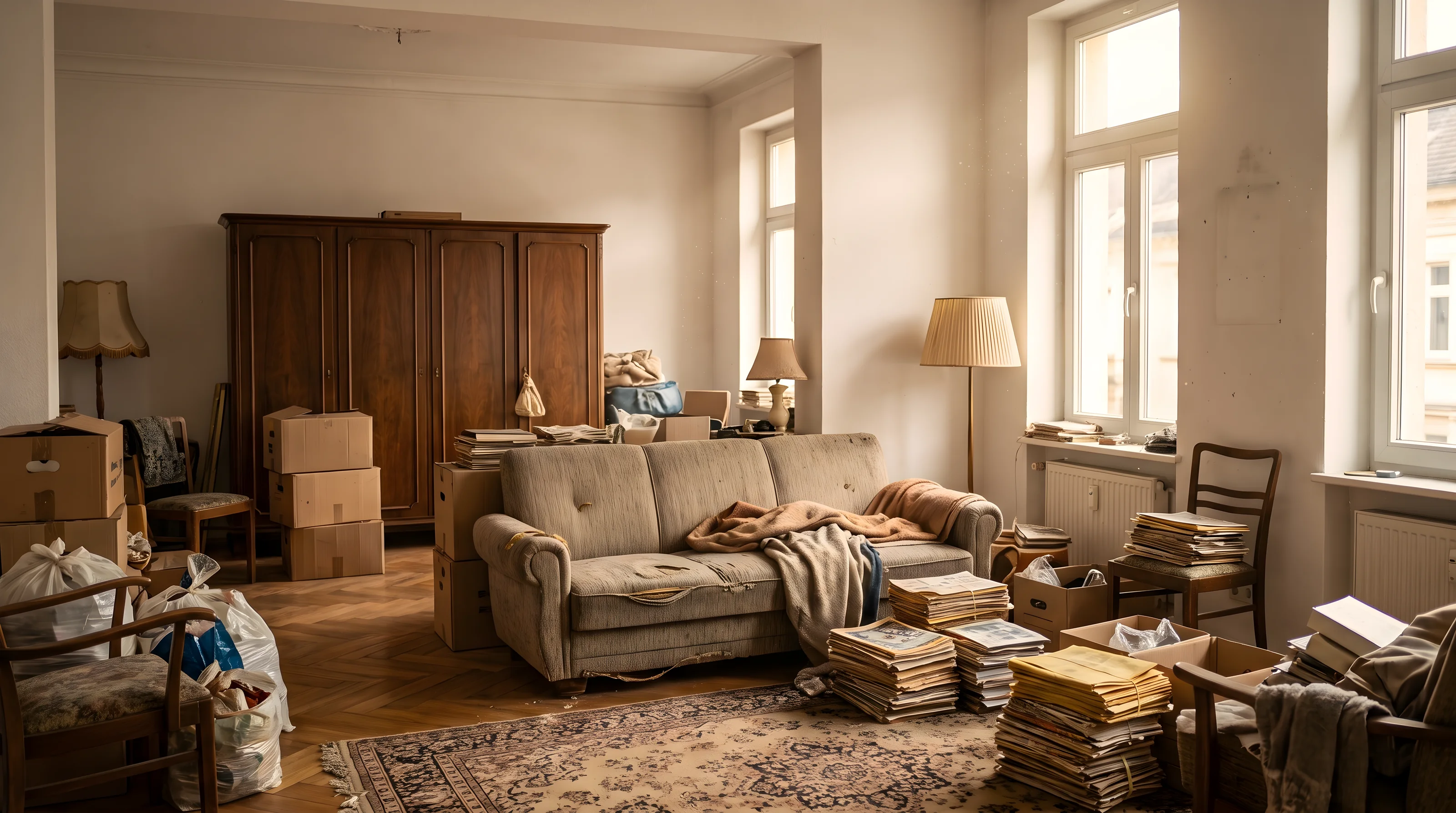 Vorher: dieselbe Wohnung voll mit Möbeln, Kartons und Hausrat