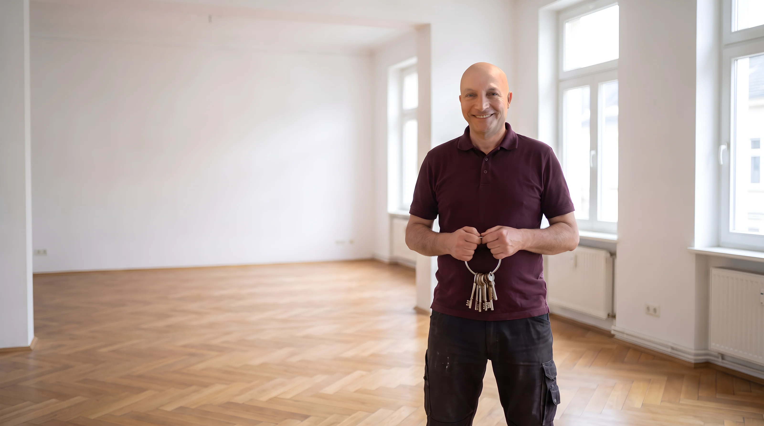 Hassen Saket mit Wohnungsschlüssel in einer frisch geräumten Altbauwohnung