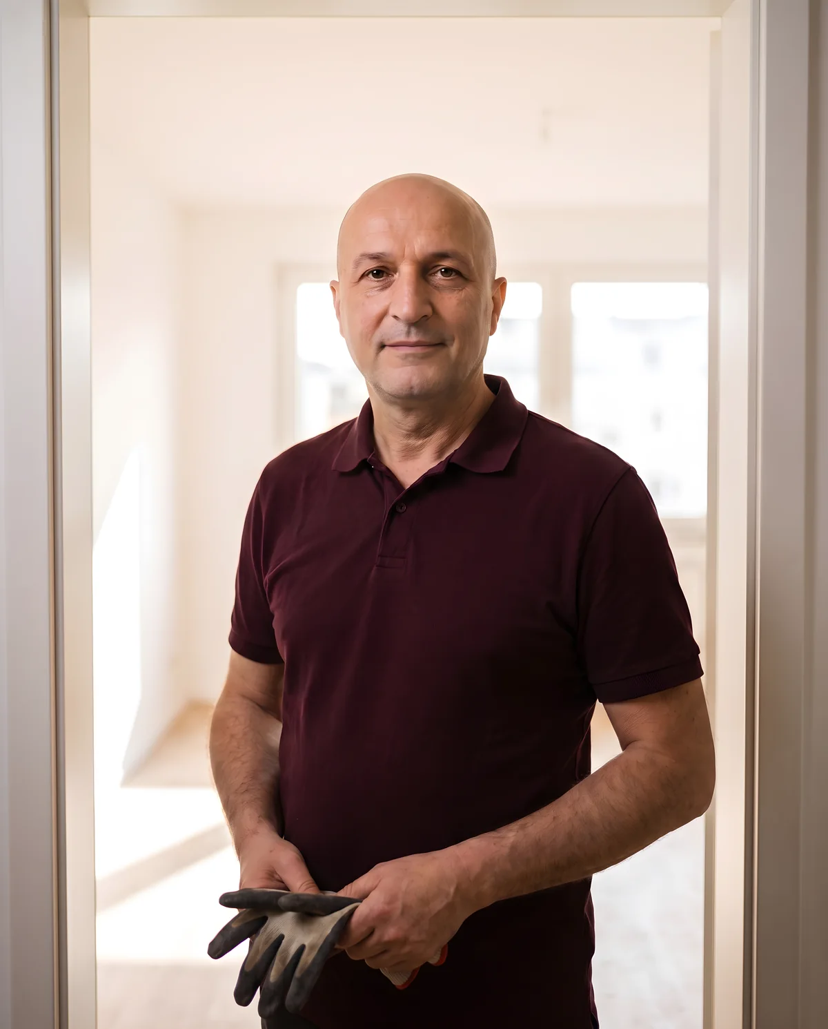 Hassen Saket mit Arbeitshandschuhen in einer leeren, hellen Wohnung